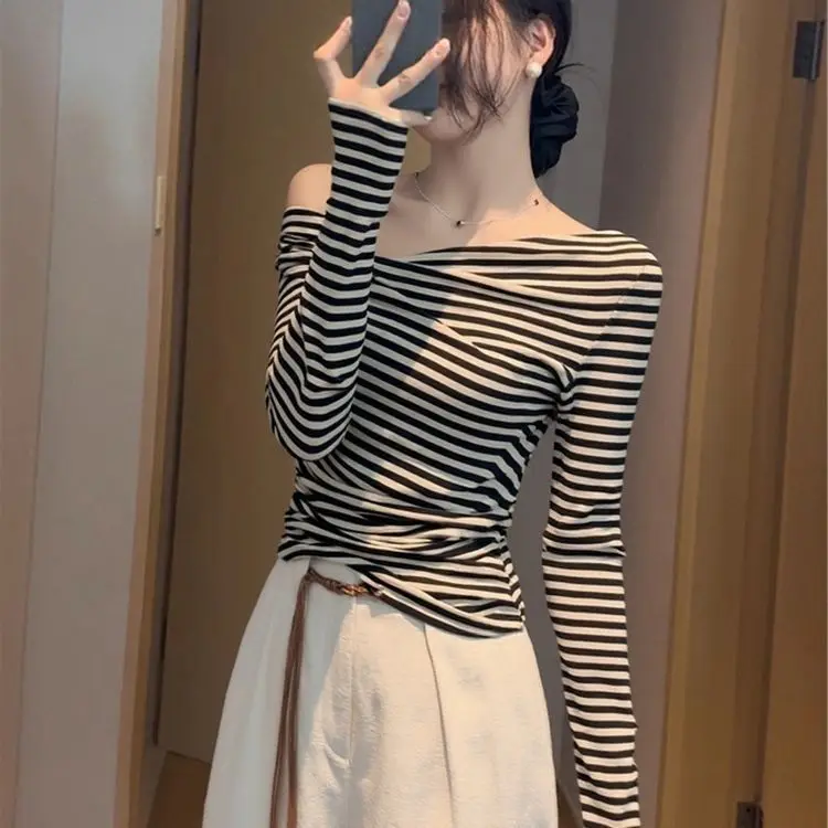 American Style Hot Girl Color Block Long Sleeve T-Shirt Slim Fit Base Shirt Shoulder Exposure Casual Top for Young Women