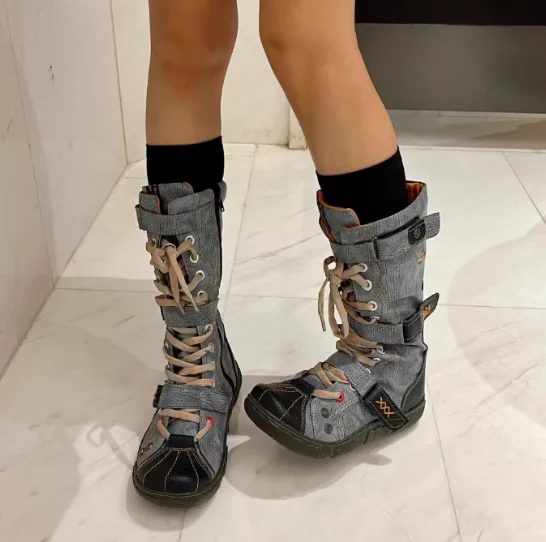 Retro Style Splice Y2K Round Toe Lace Up Mid-Calf Women Boots Middle Heels Side Zipper Design Large Size Shoes