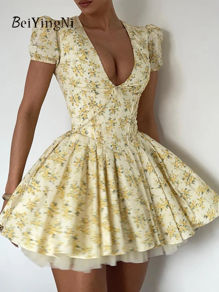 

Beiyingni French Elegant Women's Mini Fluffy Dress Floral Print White Slim Waist Short Sleeve Dresses Female Summer V-neck Robes