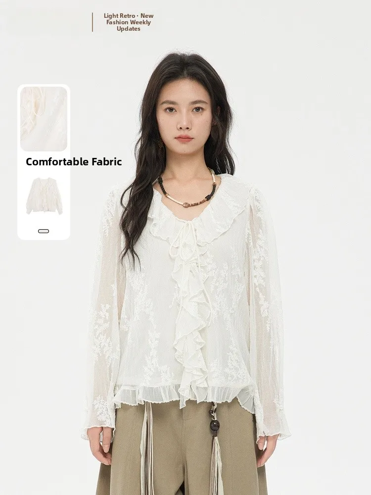 

Ele V-Ne Long Sve Loose Fit irt Memory's Starting Point Spring 2026 New Korean Sle High-End Feel Casual Women's Top
