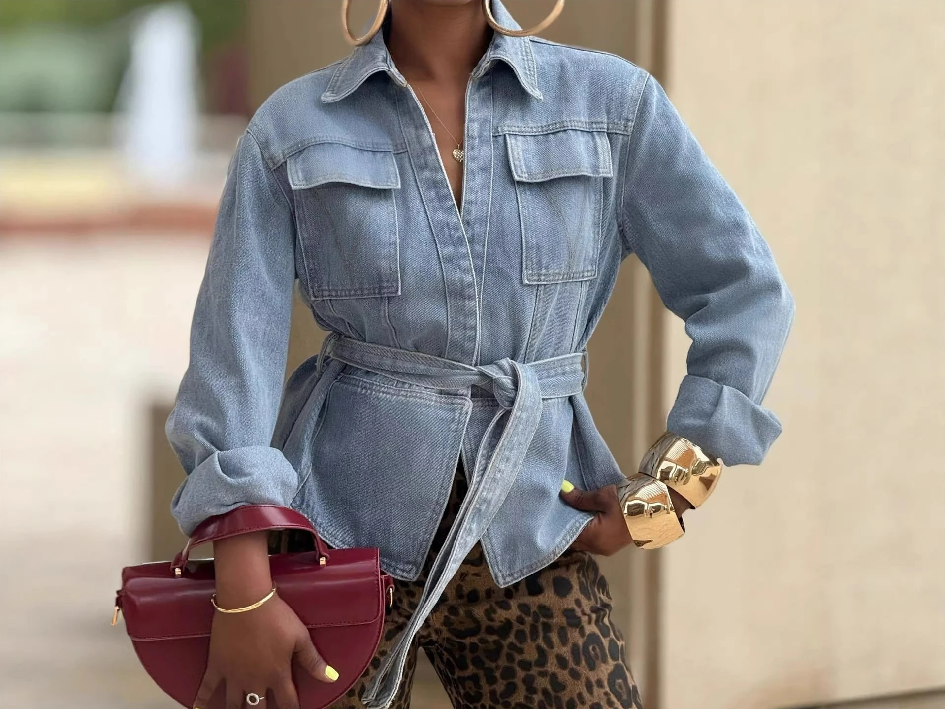 

2026 Spring and Autumn New Casual Flip Bag Waist Lace-up Washed Short Denim Jacket