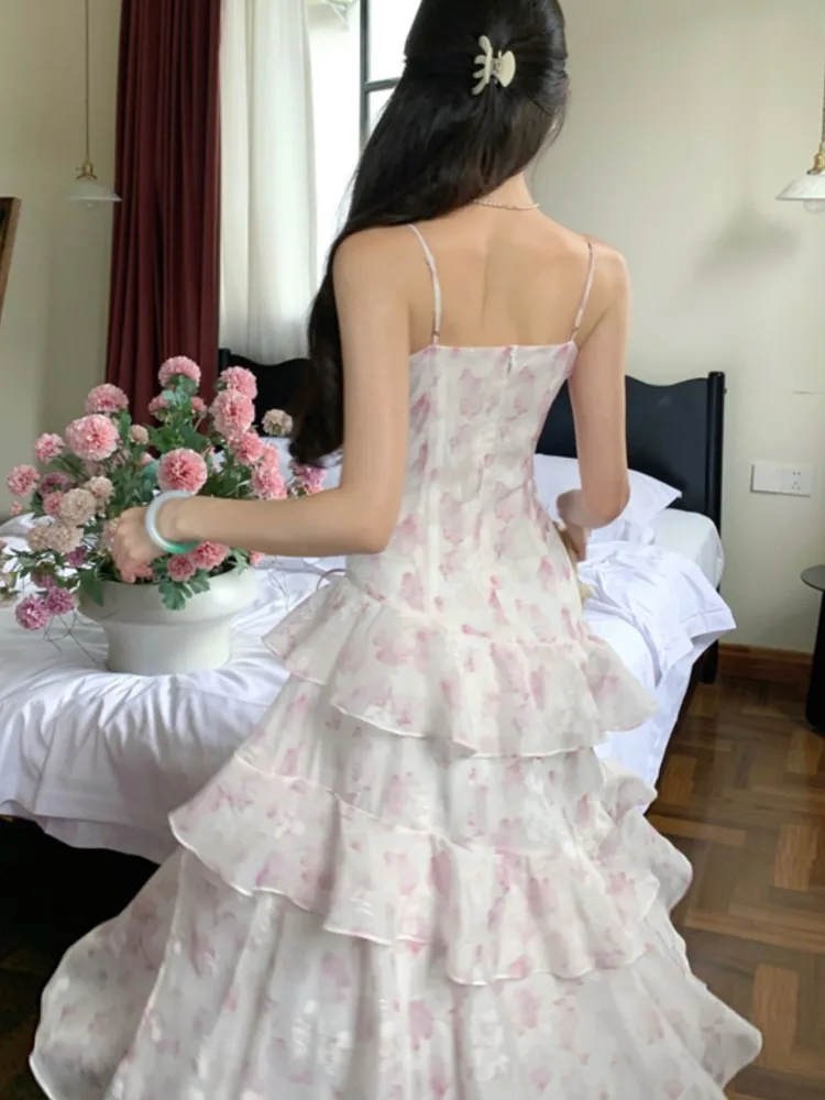 Women Summer Pink Floral Print Ruffles Holiday Dress French Party Birthday Slim Fit Party Dresses Fashion Vestido Midi Robe New