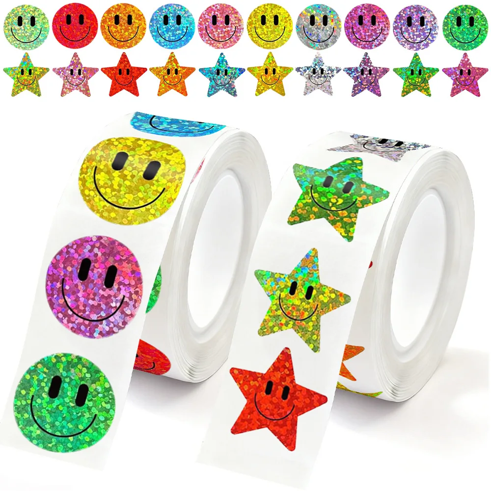 JCAC 500pcs/bag Smiling Glitter Star & Smiley Face Stickers, Colorful Shiny Foil, Happy Student Reward Stickers