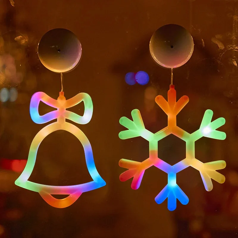 Kerstraamverlichting, werkt op batterijen, sneeuwvlok en jingle bell en kousvormig met zuignap voor Kerstmis, vakantie, decor