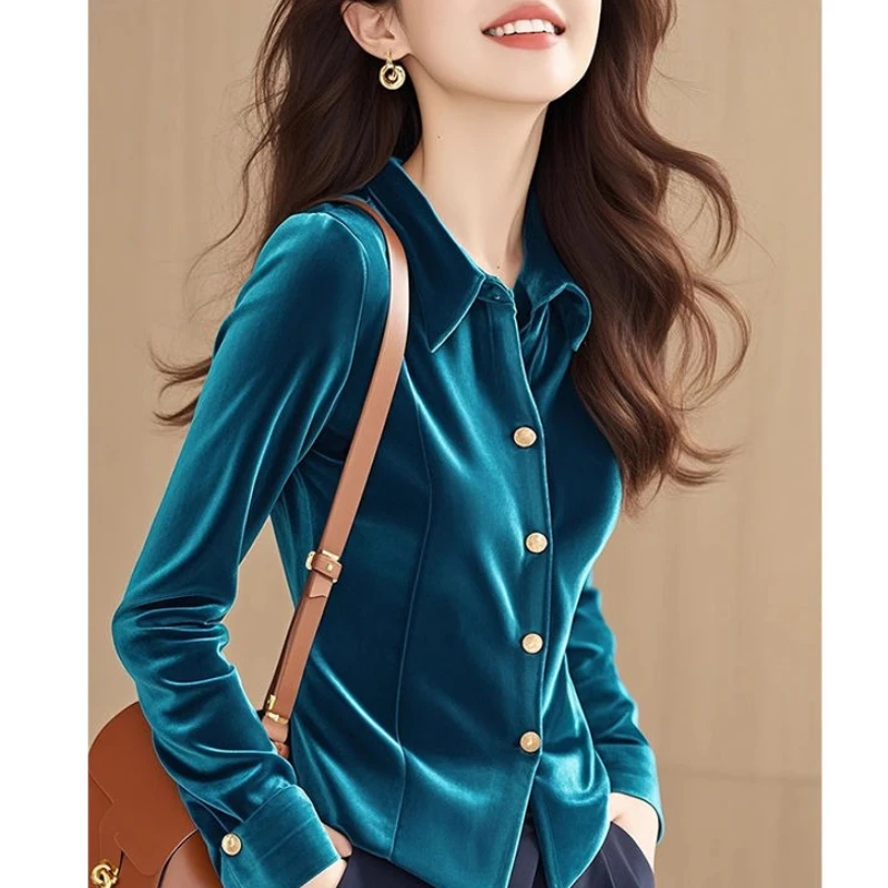 

Весенне-осенняя французская женская тонкая синяя бархатная футболка с длинными рукавами, женская модная одежда, велюровые топы, рубашки