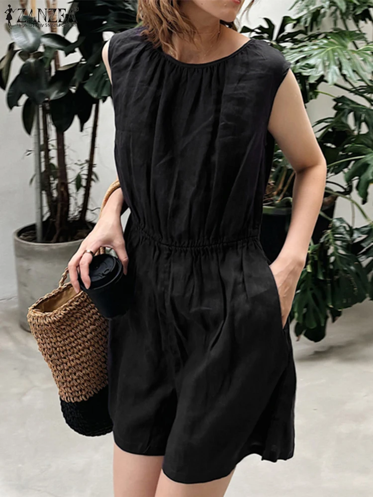 2025 ZANZEA ฤดูร้อนสบายๆเอวยางยืด Playsuits ผู้หญิง Rompers Solid ทํางาน OL Overalls Jumpsuits หลวมกางเกงขากว้าง