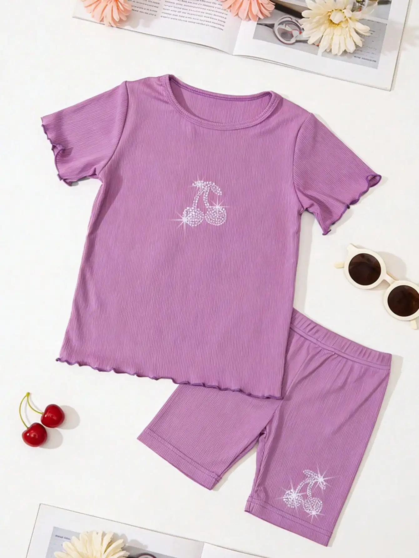 Kids Girls 2Pcs Cherry Rhinestone Print Outfit Set 2-11Y Short Sleeve T-shirt & Biker Shorts Polyester Spandex Summer Casual