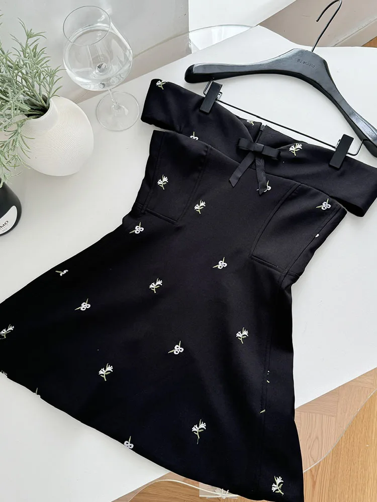 French Elegance Fashion Slash Neck Sexy Off Shoulder A-line Dress Autumn Women Sweet Bufferfly Embroidery Slim One-Piece Frocks