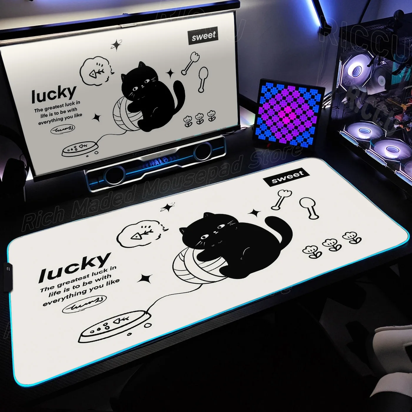 

Коврик для мыши RGB XXL Black Cat, настольный коврик для компьютера, аксессуары для ПК, максимальный размер 500x1000 мм, противоскользящий, с резиновым краем, светодиодный настольный коврик