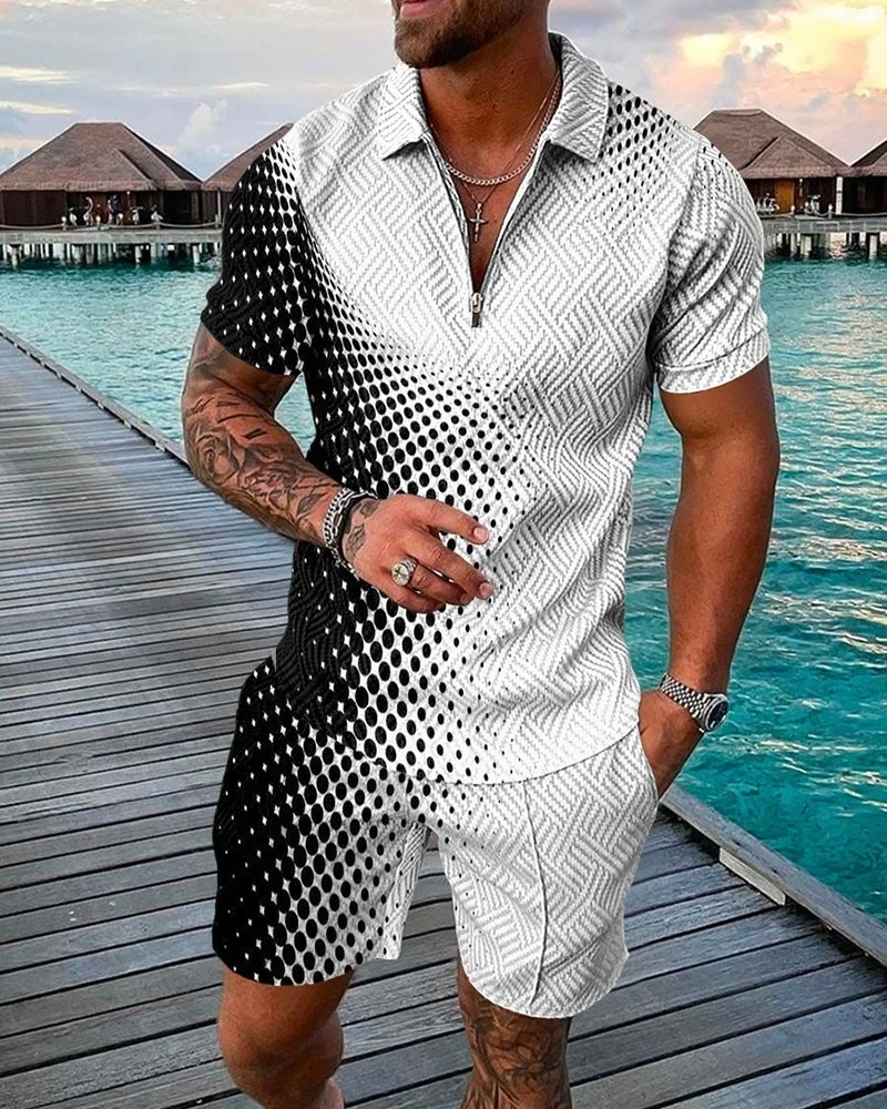 Pure Color Gradient Pattern Print Men\'s Zipper Collar Tracksuit Summer Trend Polo Shirt + Shorts 2pcs Sets Men\'s Streetwear Set