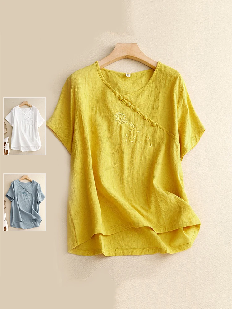 

Retro Cotton Linen Embroidered irt Summer Large Size Women's Faion V-ne Versatile ort Sve Top Asymmetrical Floral ...