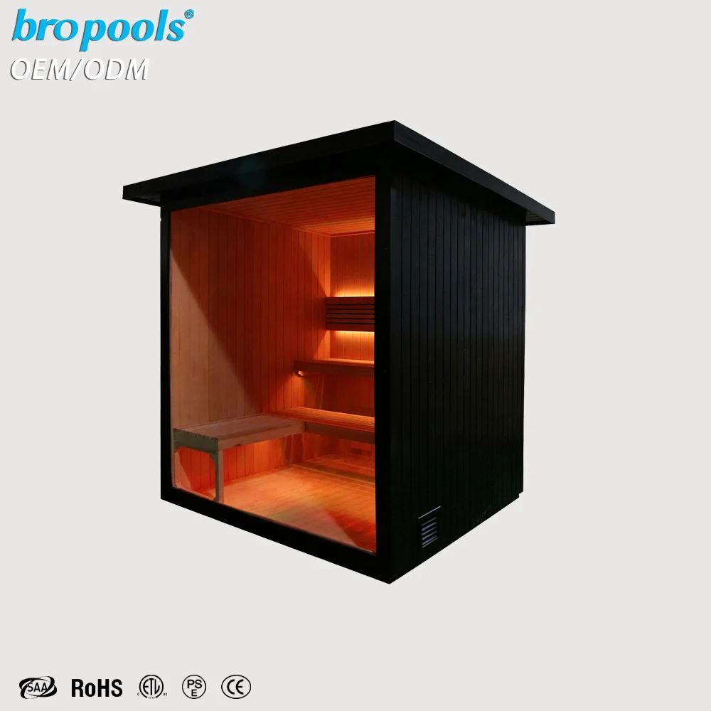 Modern Outdoor Sauna Canadian Hemlock Cool Black Finish LED Lighting Traditional Design 6 Person Dry Steam For Home Backyard