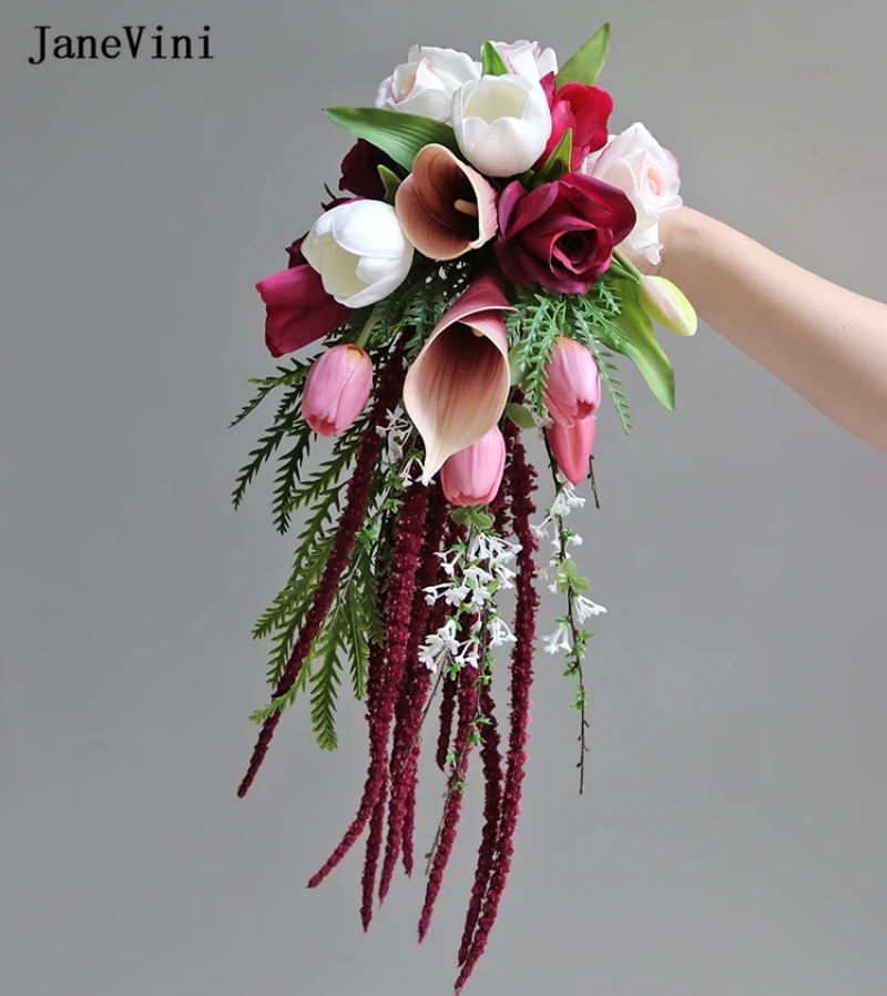 JaneVini New Pink Tulip Waterfall Bridal Bouquets Artificial Burgundy Silk Roses Flowers Cascading Bouquet Accessories for Bride