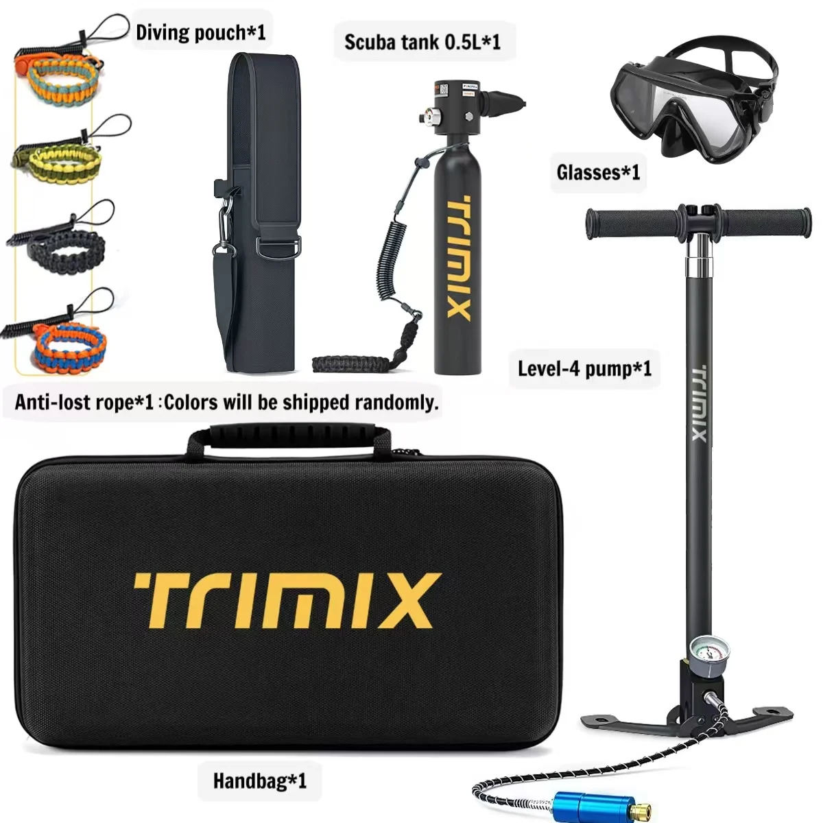 

TRIMIX Diving Mask with Mini Scuba 0.5L Lung Tank 4-Level Hand Pump 6-10 Minutes Underwater Breathe Diving Cylinder