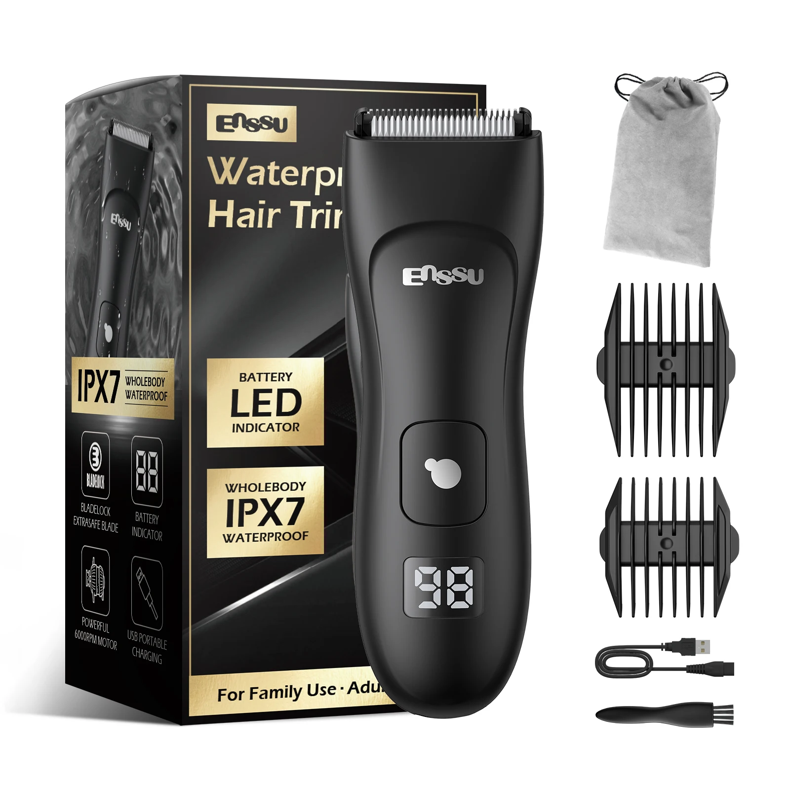 ENSSU Men's Body Hair Trimmer, Electric Groin Pubic Groomer, Waterproof Ceramic Blade, LCD Display, Men's Grooming Kit