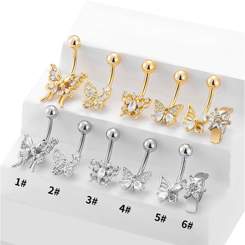 316L Stainless Steel Heart Navel Piercing Belly Button Ring Cooper Jewelry Butterfly Shape Umbilical Piercing Ring