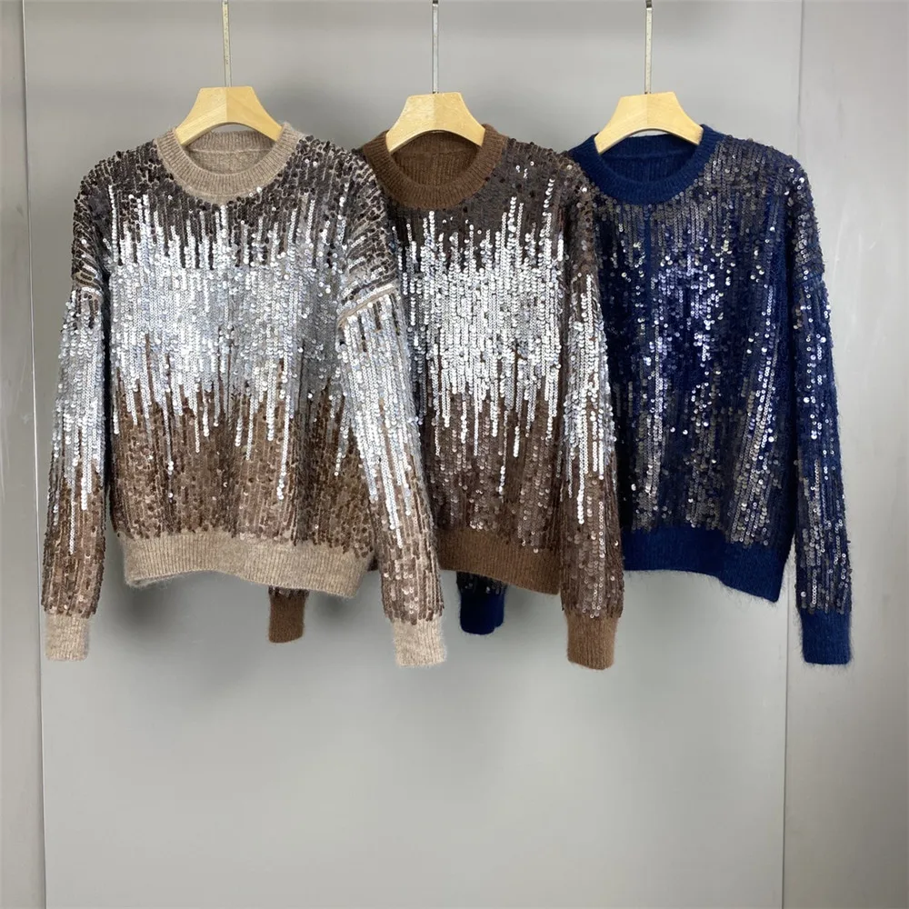 25 الخريف والشتاء جديد الراقية الجودة الصناعة الثقيلة التدرج الترتر الحصان الصوف مزيج بلوزة كاجوال