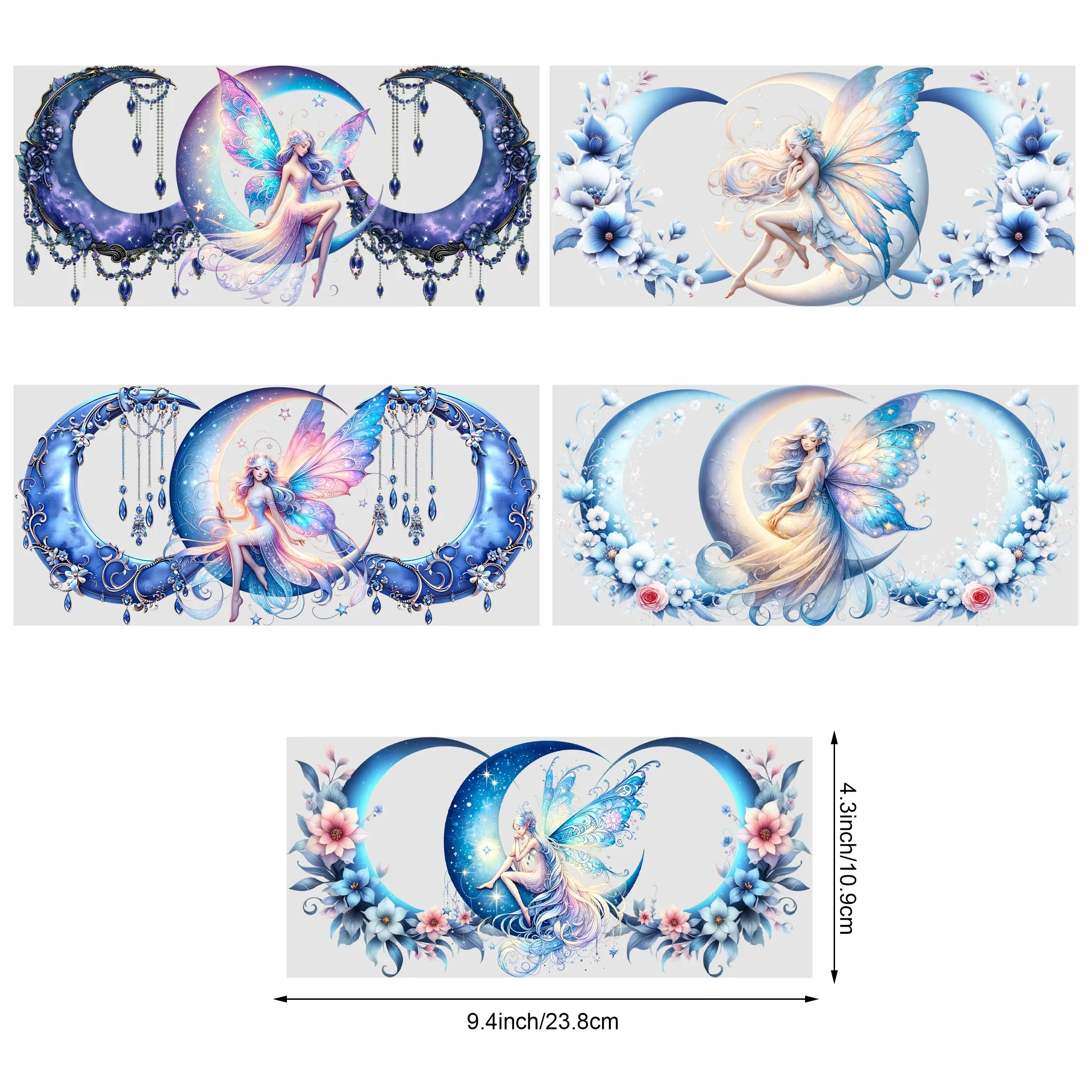 5 Sheets Moon Fairy UV DTF Cup Stickers, Waterproof Magic Moon Fairy Wipeable Transfer Paper for 16 Ounces Glass Cups