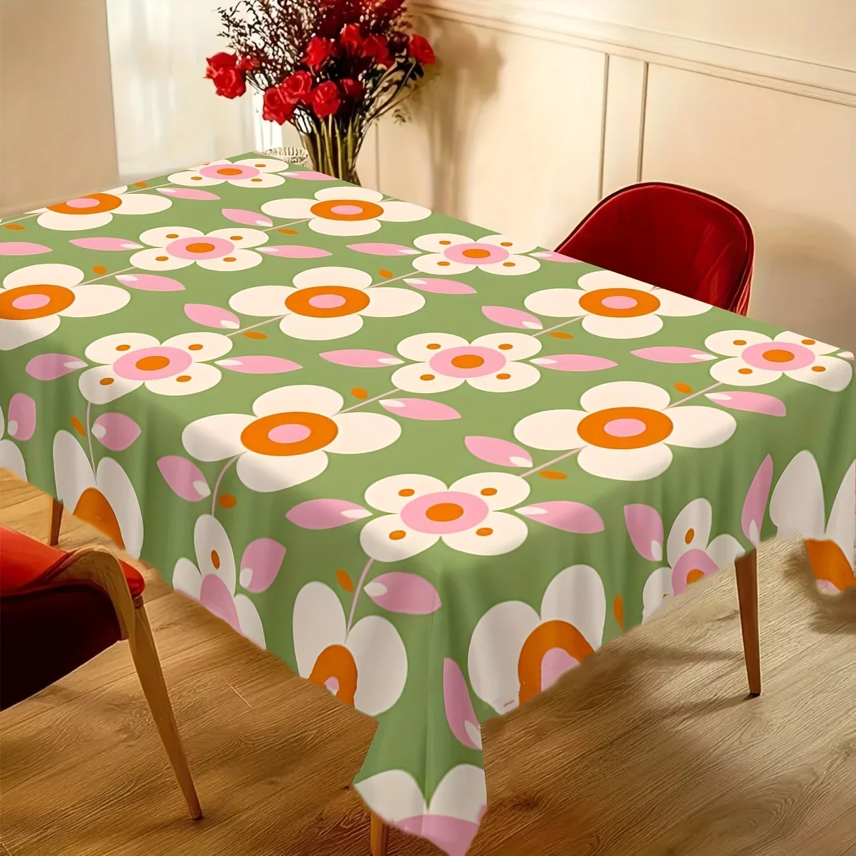 2DTablecovers 1pc Retro Floral Print Tablecloth - Bright Green with Vivid Flowers
