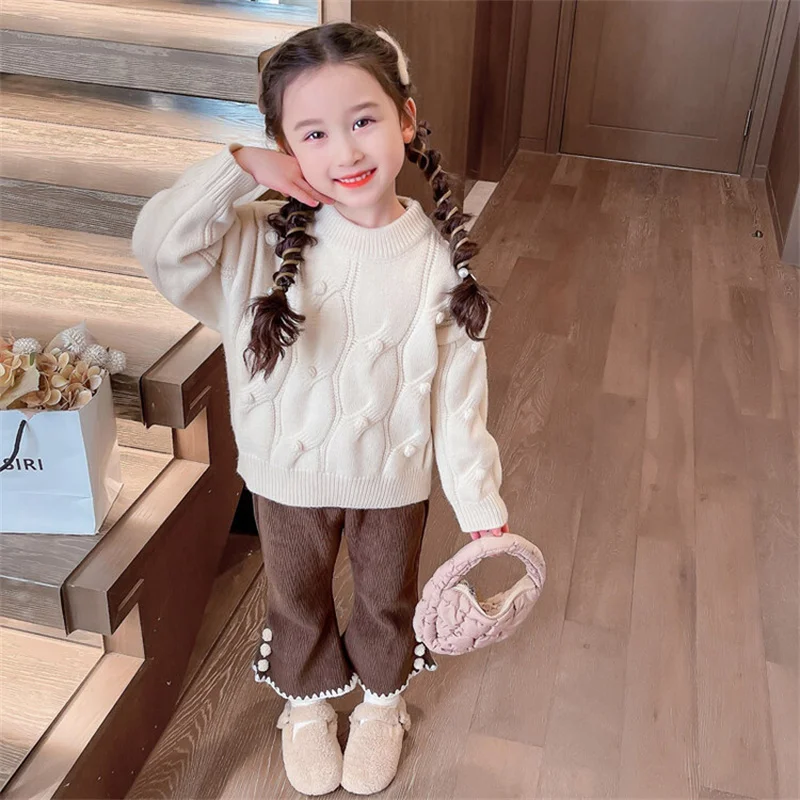 

Girls Sweater Wool Coat Kids Tops Knitting 2024 Apricot Thicken Warm Winter Autumn School Pullover Christmas Gift Children's Clo