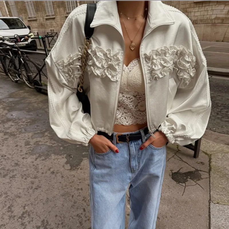 

2025 New Korean Version Fashion Temperament Pleated Fungus Lace Zipper Drawstring Jacket Thin Jacket Women