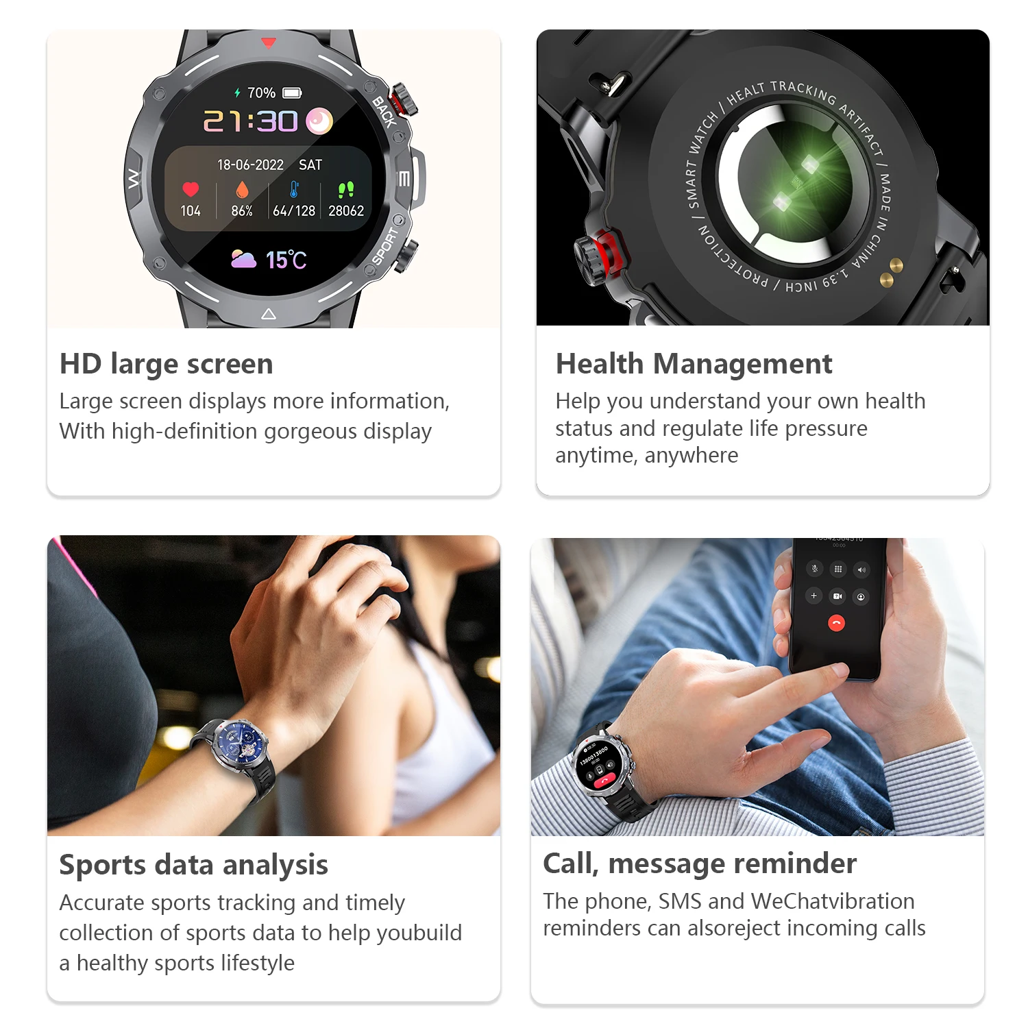 G102 Smartwatch 1.39 "RTL8763EWE رقاقة بطلب ضخم أوضاع رياضية فترة الحيض تتبع مراقبة النوم ساعة رياضية خارجية