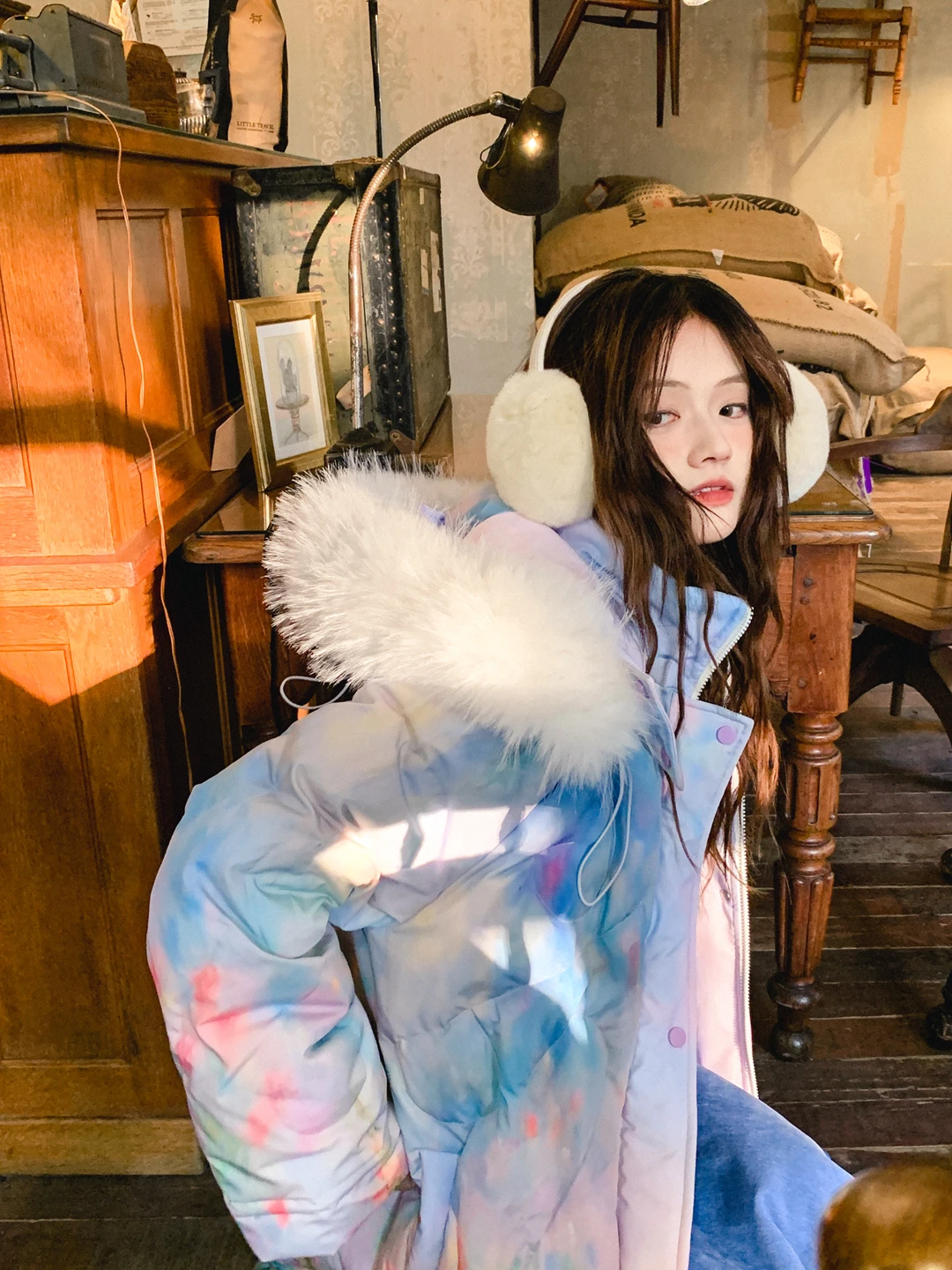 

Gula Liangpin Soft Oil Painting Garden Print Aosphere 90 White Du down Jaet Coat Women's Artistic Sle Long Sve Coat