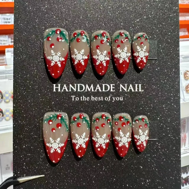 

10Pcs Christmas Handmade Nail Art Set: Snowflake Red French Tips with Polka Dots Press-On Nail Tips Perfect As Gifts for Women