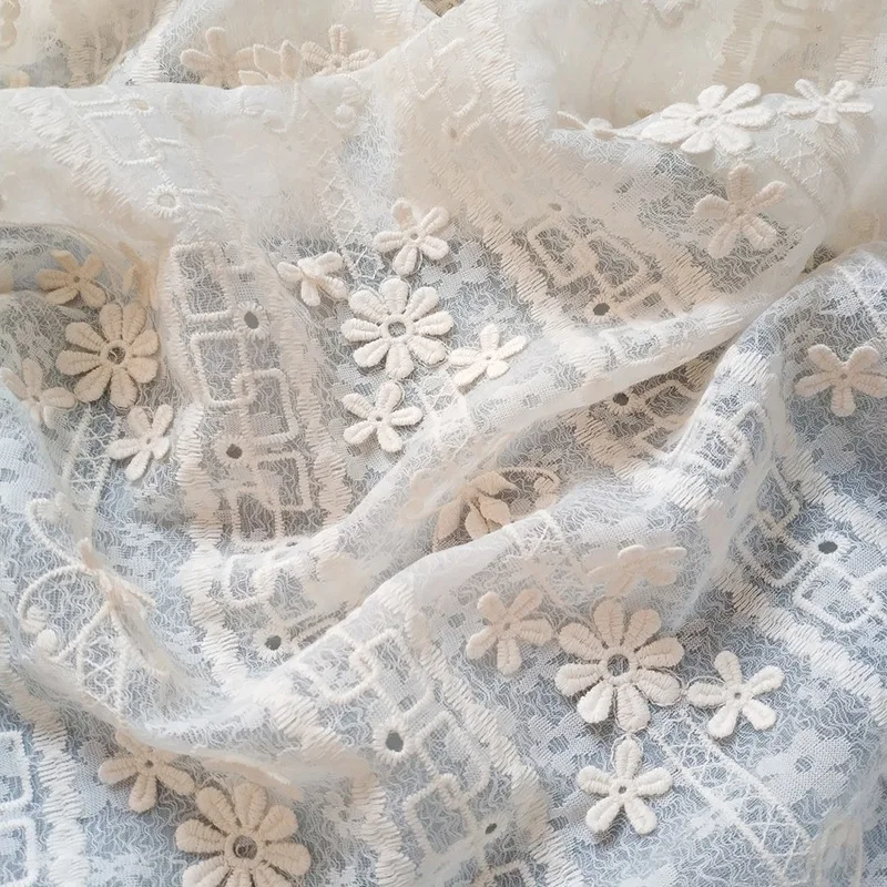 

Embroidery Lace Fabric Soft Beige Mesh Fabric for Dress Cheongsam Baby Clothes Designer Fabric