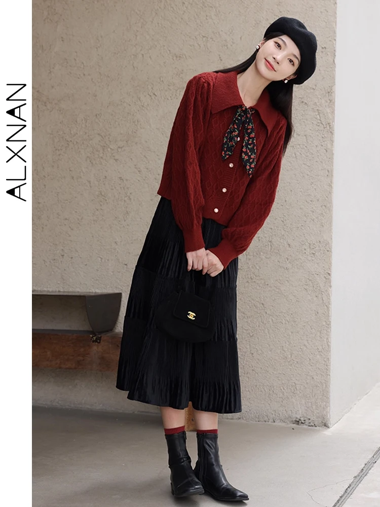 

ALXNAN черная плиссированная юбка женская 202, осень-зима, элегантные длинные юбки трапециевидной формы с эластичной резинкой на талии, элегантная повседневная женская юбка LXN909