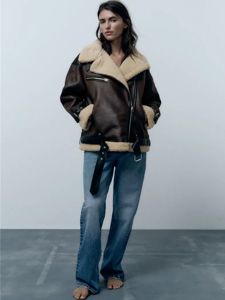 

Утепленная кожаная мотоциклетная куртка с мехом, женская модная верхняя одежда, осень-зима, новинка, модель 8073226700, с длинными рукавами Z...