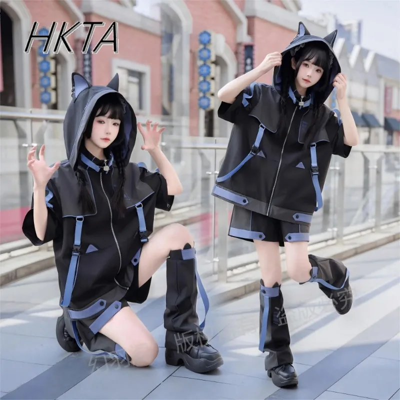 Subculture Goth Y2k-Chaqueta deportiva con mangas extraíbles para mujer, traje holgado y dulce, Top de Anime bidimensional, pantalones cortos negros y azules