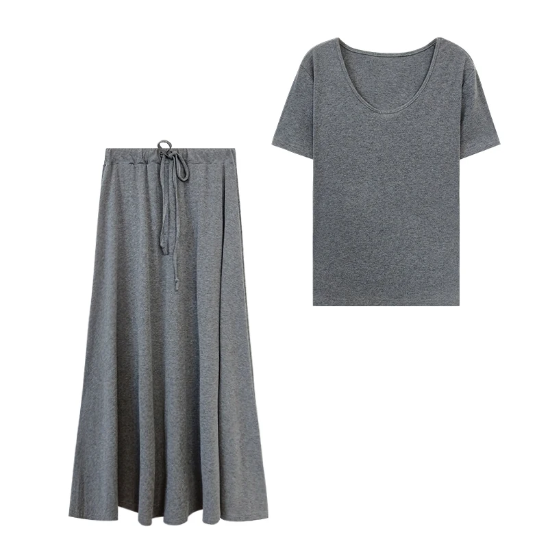 Conjunto casual de saia evasê com bainha ampla, duas peças, cseta modal foada com fenda lateral e saia midi, estilo core...