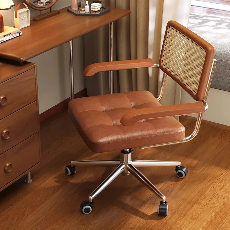 

Medieval rattan computer chair home sedentary comfortable lift swivel chair retro solid wood office