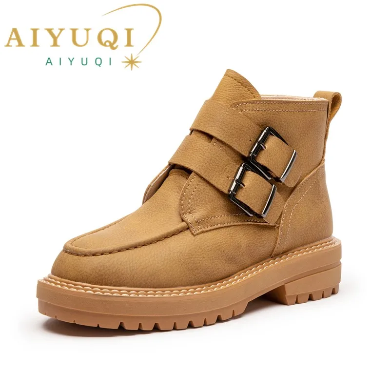 AIYUQI Women\'s Short Boots Large Size 2024 New Genuine Leather British Style Women Winter Boots Fashion Fur Women Ankle Boots