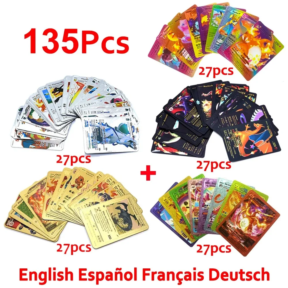 Pokemon Card English Spanish French German Gold Colorful Vmax GX EX V Cards Pikachu Charizard Rare Collection Battle Gifts Toys