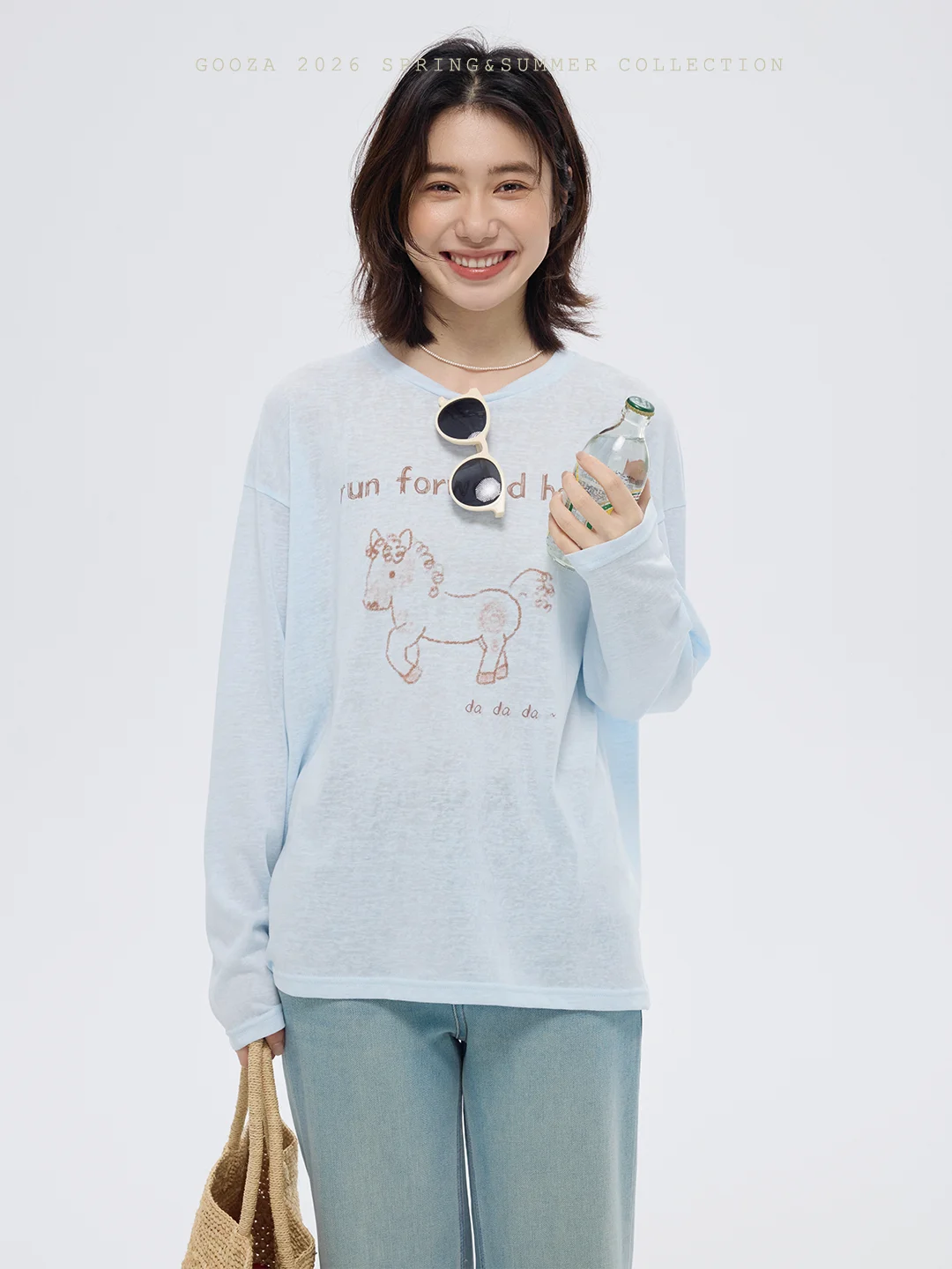 

GOOZA Lightweight Hand-Dn Print Long Sve T-irt Women Summer Breathable Cotton round Ne Casual Comfortable Top