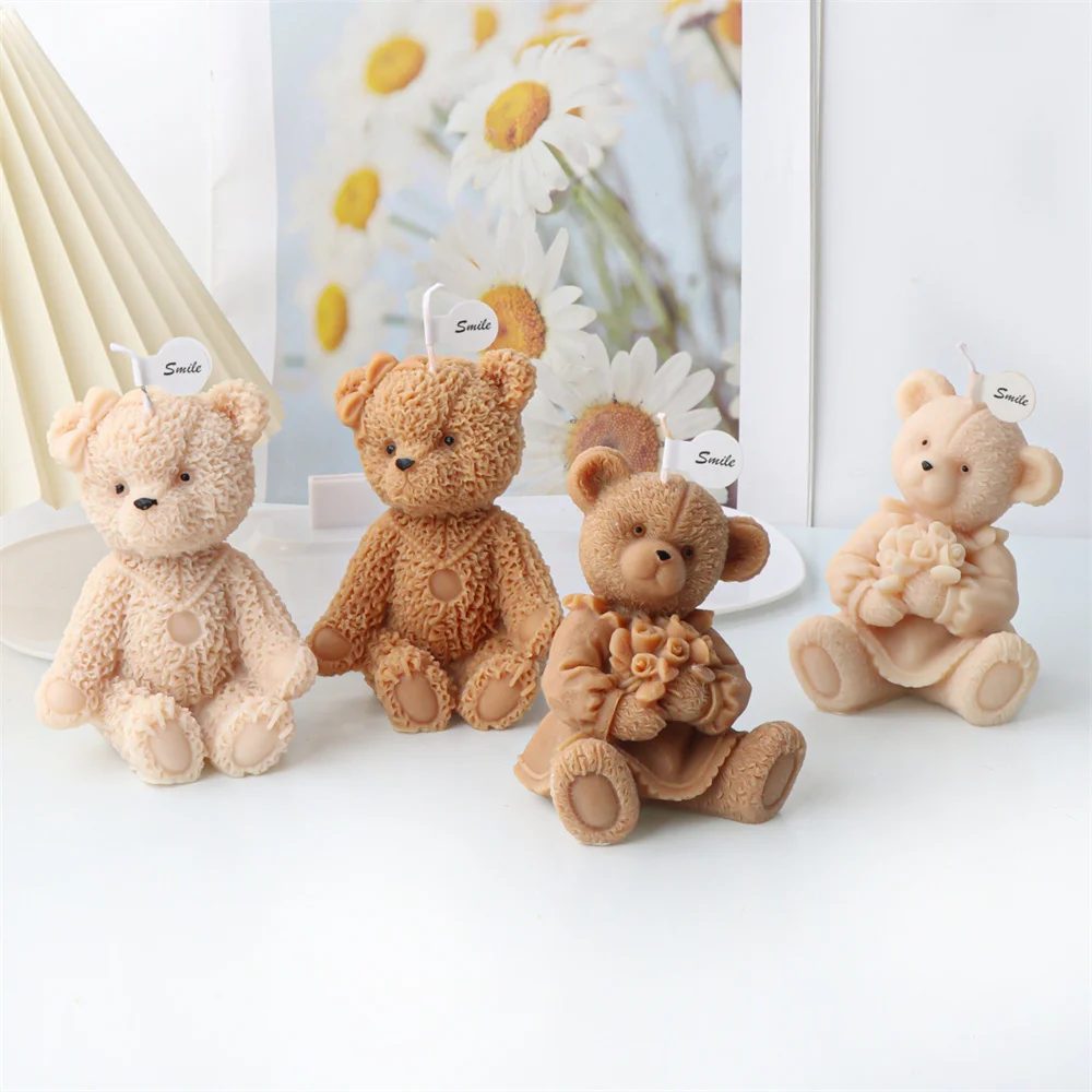 3D Flower Teddy Bear Candle Mold DIY Baby Bear Pomeranian Puppy Silicone Fondant Soap Making Mold for Cake Baking Topper Decor