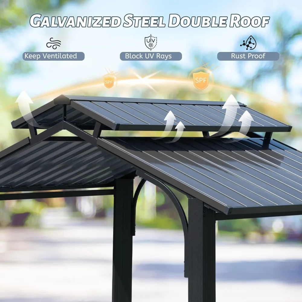 8x5FT Hardtop Grill Gazebo, All-Weather Outdoor Gazebo with 2 Side Shelves and Ceiling Hook, Galvanized Steel Double Roof