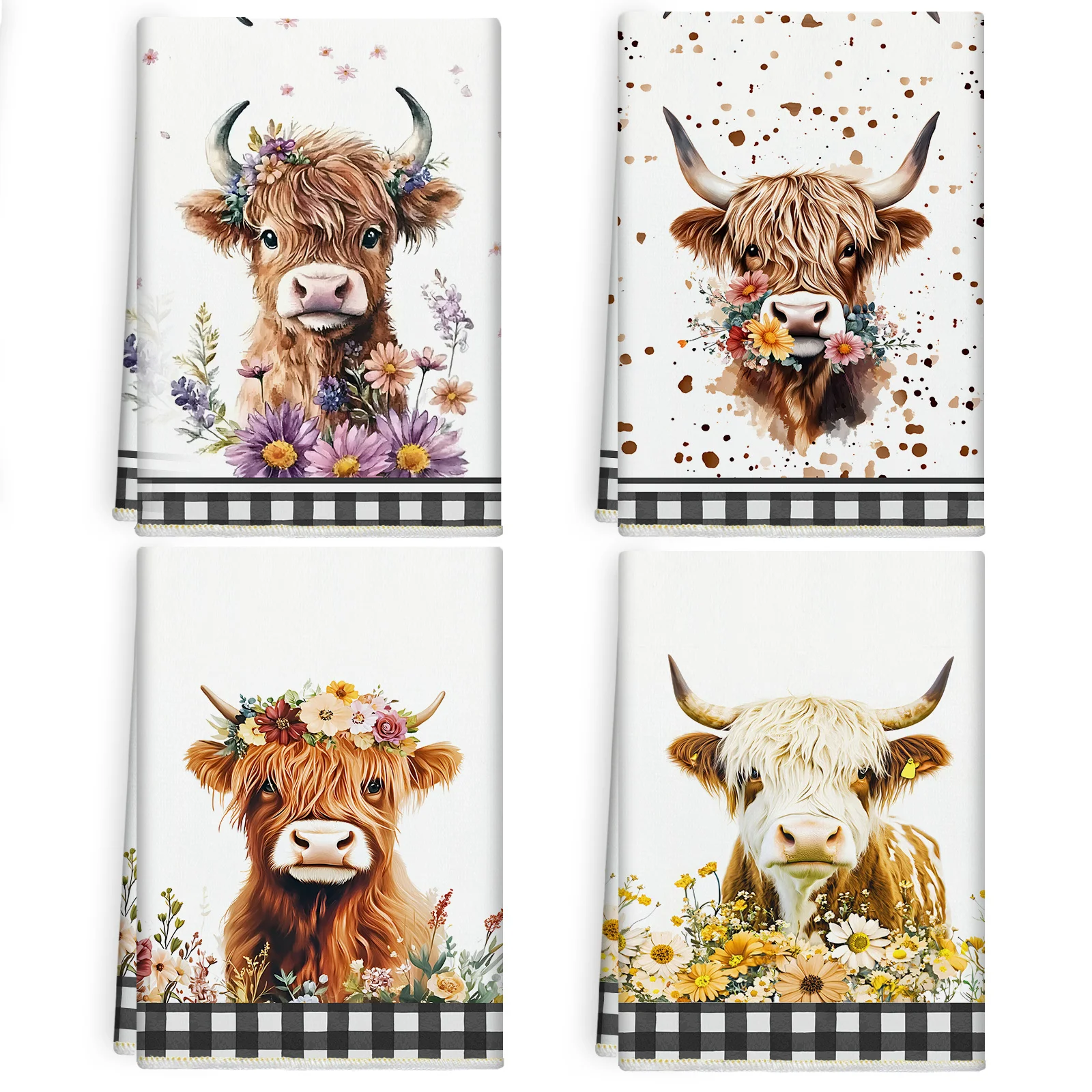 4-Piece Highland Cattle Sanitary Towel Highland Cattle Theme Dish Towel Absorbent Farm Cattle Watercolor Flower Tea Towel