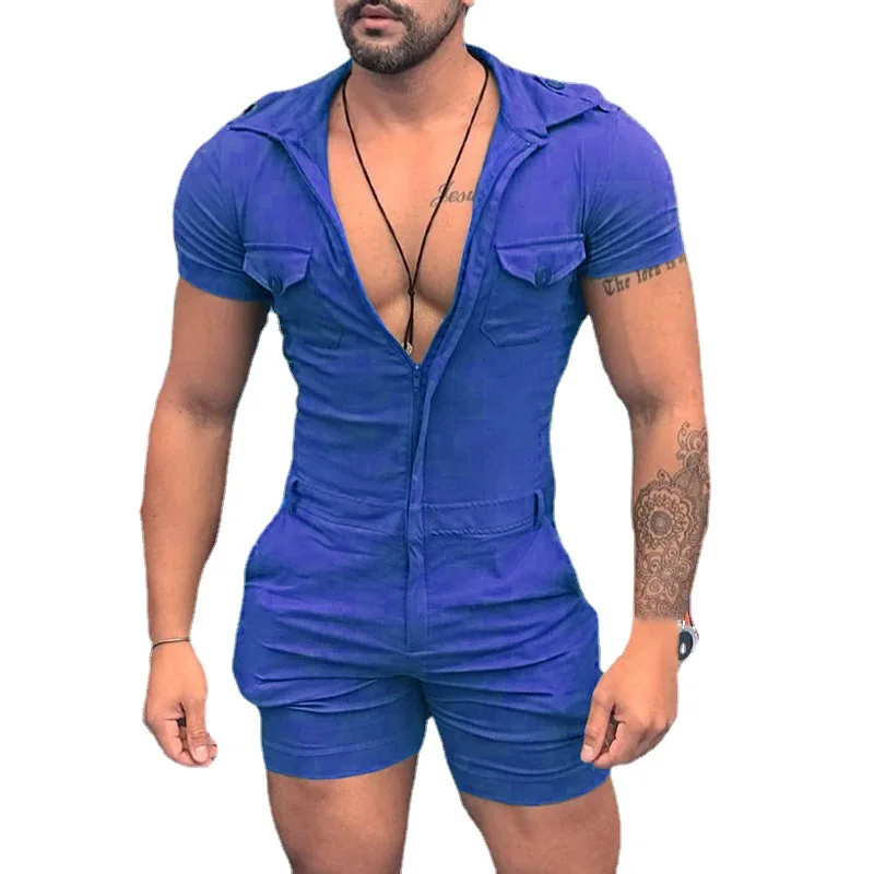 Vintage Zip-up Slim Mens Jumpsuits Summer Sexy Skinny Tight Playsuits Men Streetwear Trendy Solid Color Shorts Romper Overalls