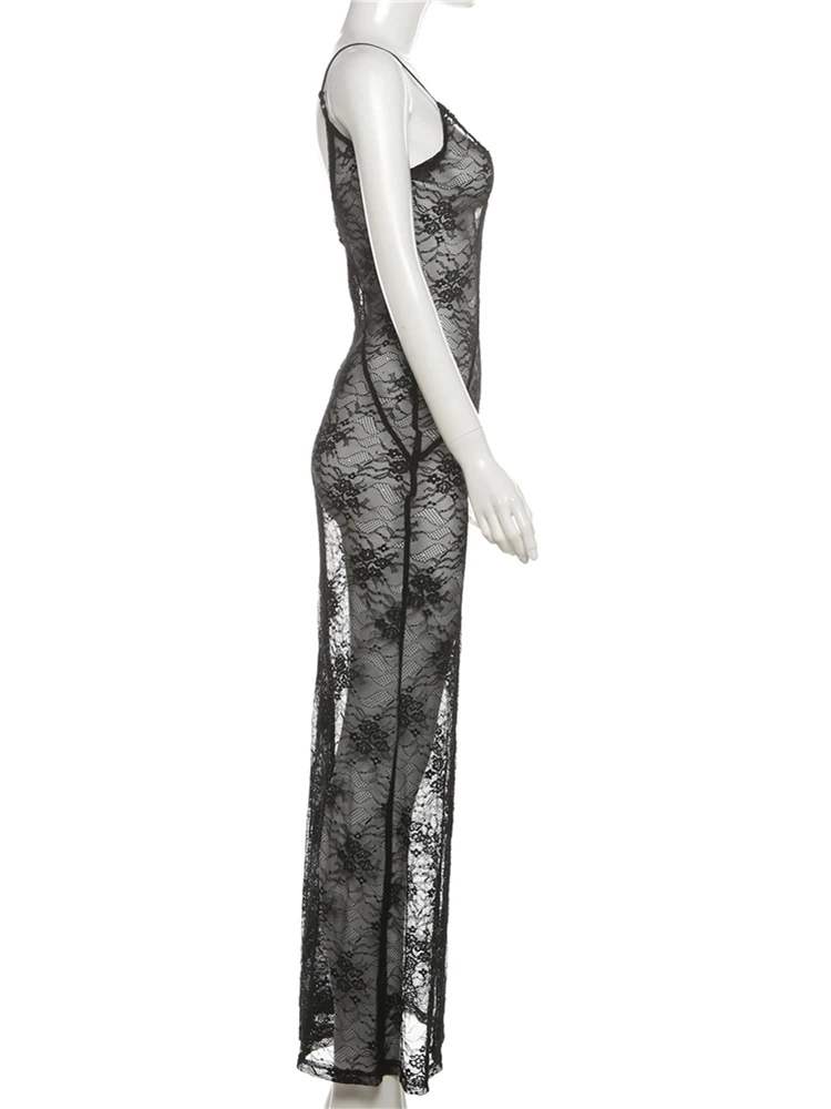 Whatiwear Sexy See Through Jurk Vrouw Lage Hals Jacquard Patchwork Backless Hot Meisjes Midnight Fashion Coquette Lange Bodycon