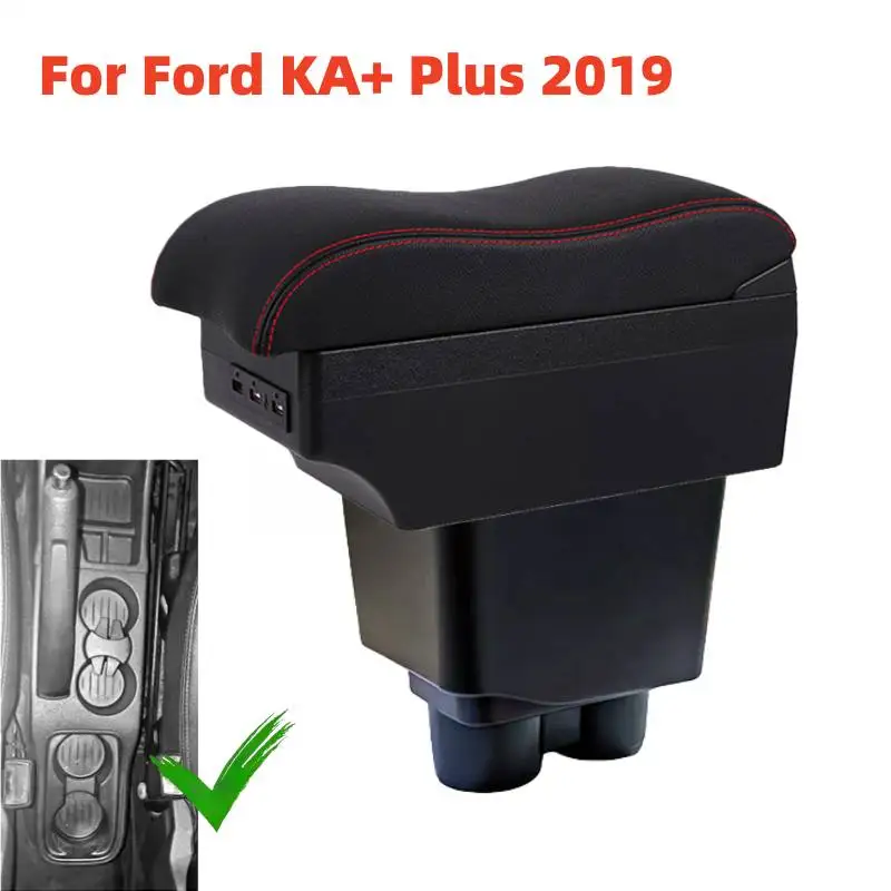 Hochwertige Auto-Armlehnenbox für Ford KA Plus 2019, Leder-Armlehne, Mittelkonsole, Aufbewahrungsbox, Doppelschicht, USB-Zubehör
