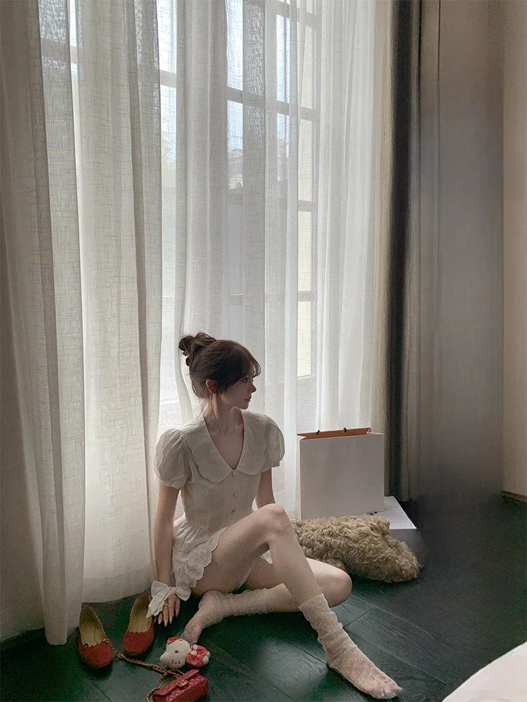 

Camellia Tsubaki White Signature irt Set Women's Slim Fit Cotton ort Sve Button up Pure Color French Sle