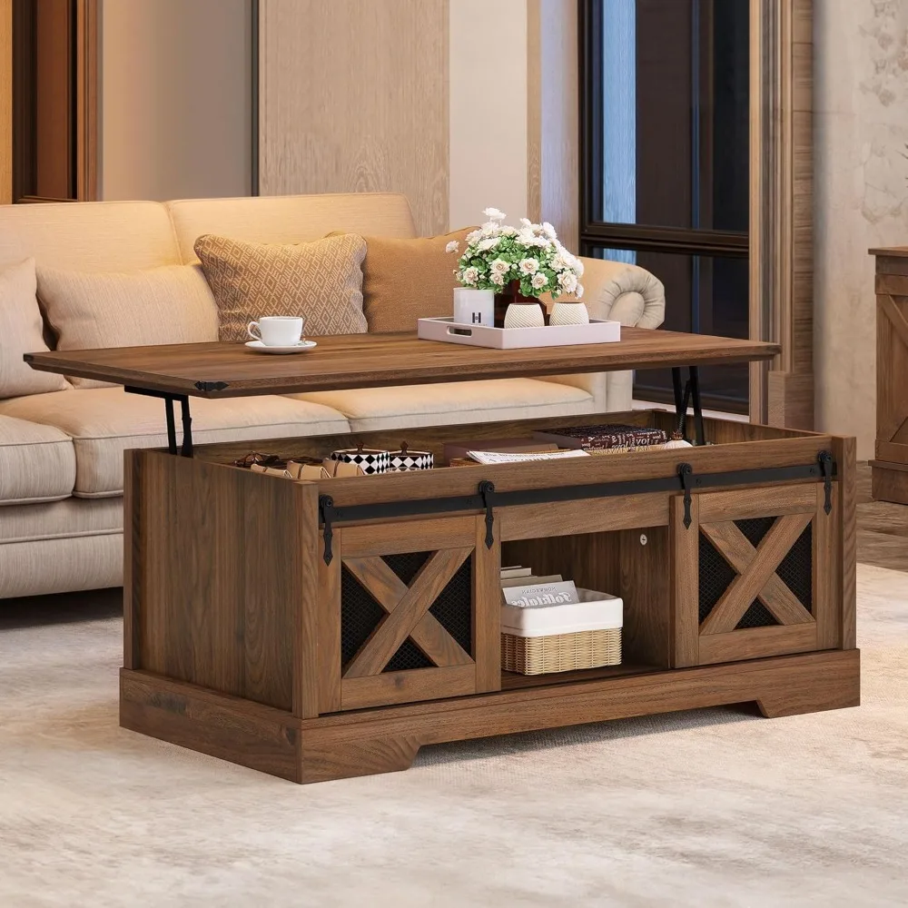 Farmhouse Coffee Table, Lift Top Coffee Table with Storage & Sliding Groove Barn Door,Rustic Coffee Tables for Living R