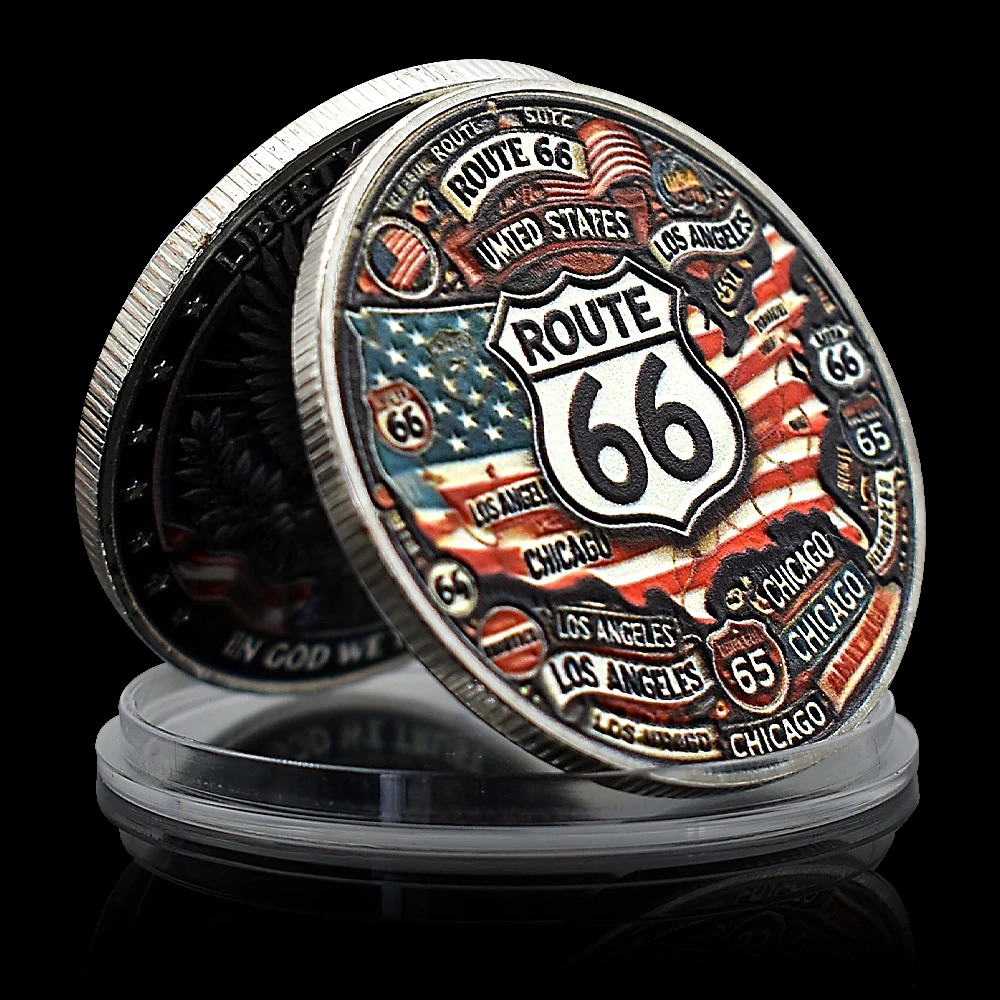 Route 66 Commemorative Silver Coin – USA Road Trip Classic, Chicago to Los Angeles, Travel & Vintage Car Collectible