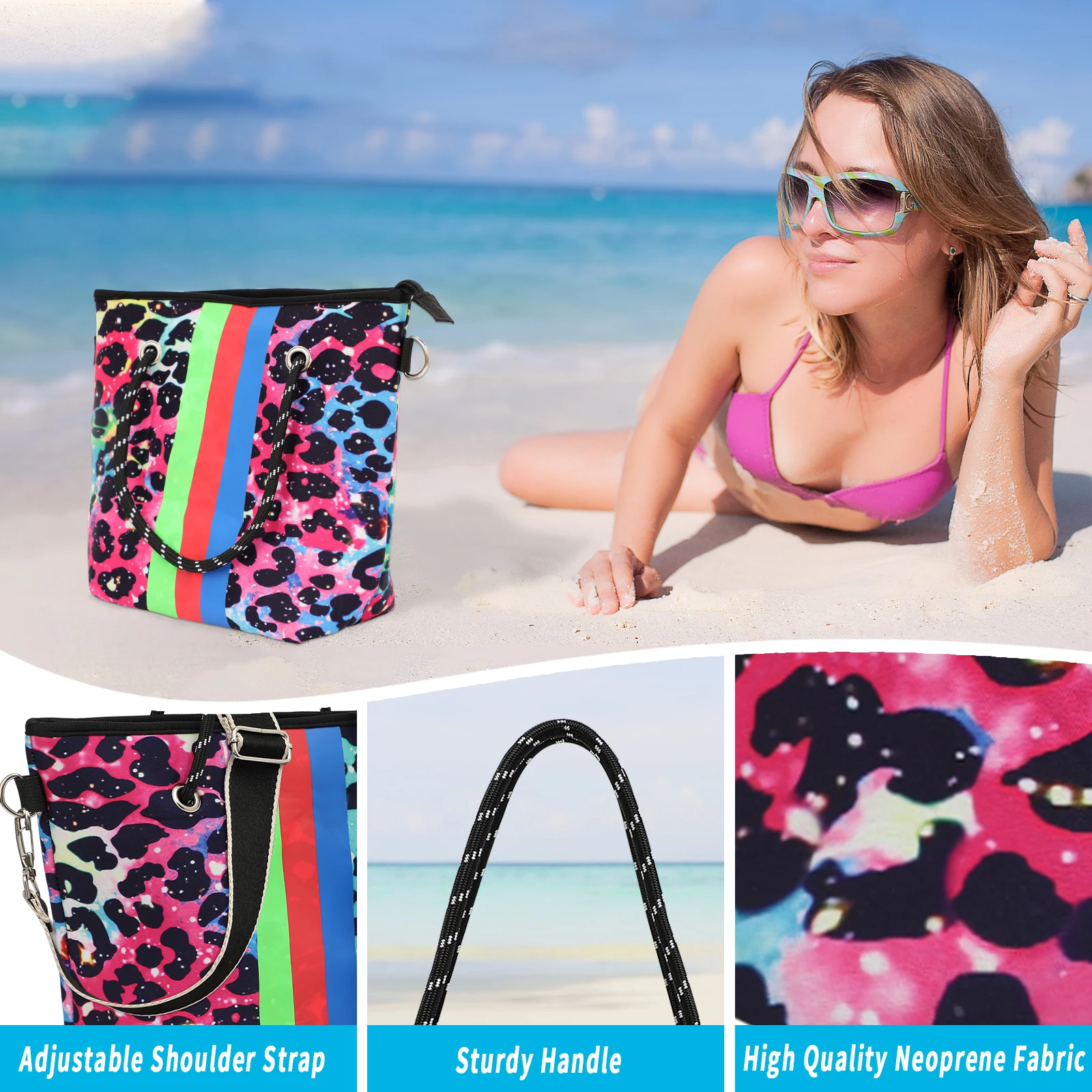 Conjunto de bolso de playa de neopreno para mujer, bolsa de mano portátil de leopardo, impermeable, de viaje, de maquillaje