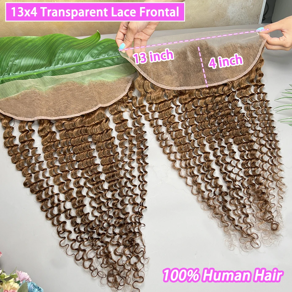 #4 Brown Color Deep Wave 13x4 Transparent Lace Frontal Human Hair Bleached Knots Preplucked Invisible Lace Closure Virgin Hair