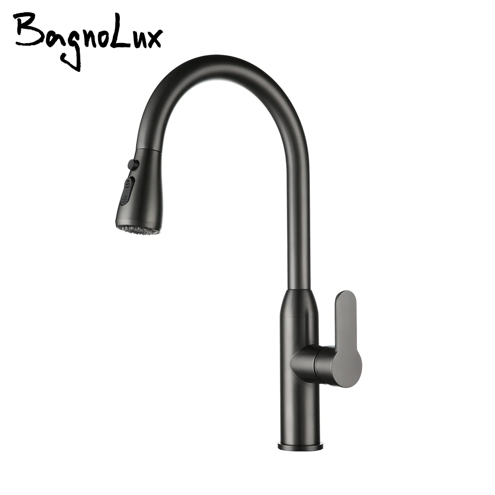 

Gunmetal Pull Out Kitchen Faucet Hot And Cold Water Mixer Deck Mounted Single Handle Single Hole Sprayer Splash-Proof Water Tap