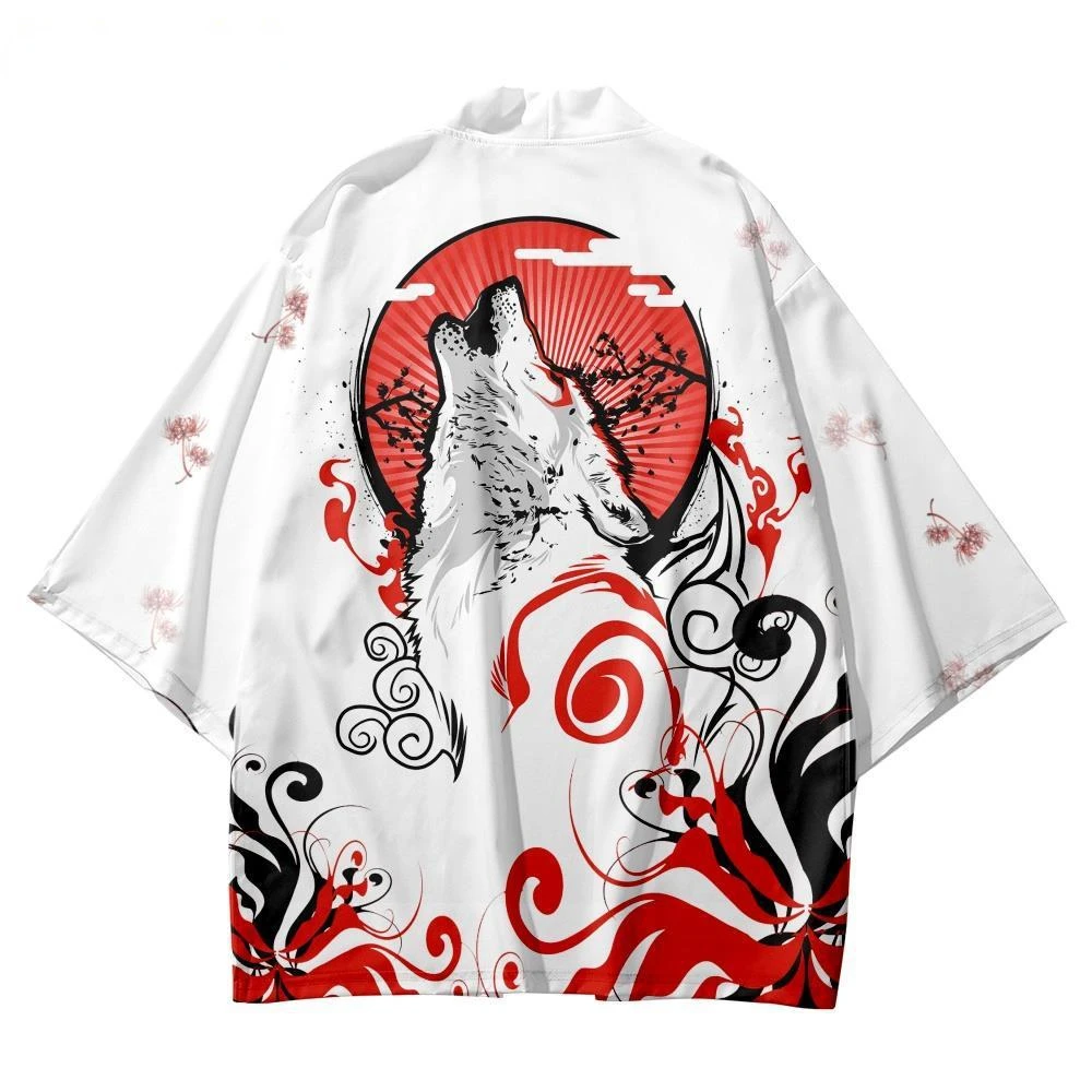 Mulheres cosplay haori japonês moda anime lobo impressão samurai kimono casual praia cardigan branco yukata asiático roupas